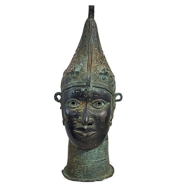 Large African Benin Bronze Head of a Queen Nigeria 20" H For Sale - Image 10 of 13