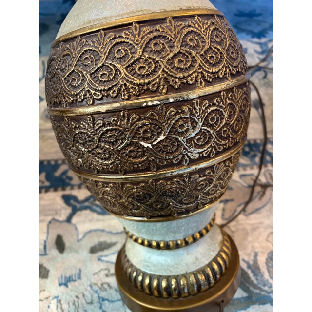 Vintage 1970s Hollywood Regency Chunky Gold Filigree Table Lamps With Fringed Shades - A Pair For Sale - Image 9 of 10