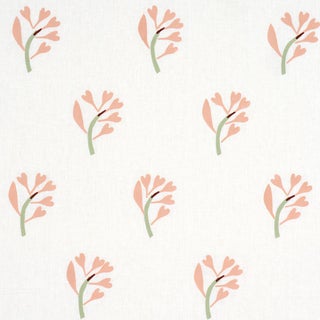 Schumacher X Caroline Z Hurley Ginkgo Hand Block Print Fabric In Pink And Sage On White For Sale