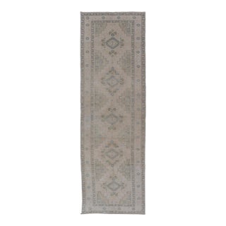Vintage Turkish Oushak Runner in Neutral Tones, Taupe, Gray Green, Yellow 3'2 X 10'8 For Sale