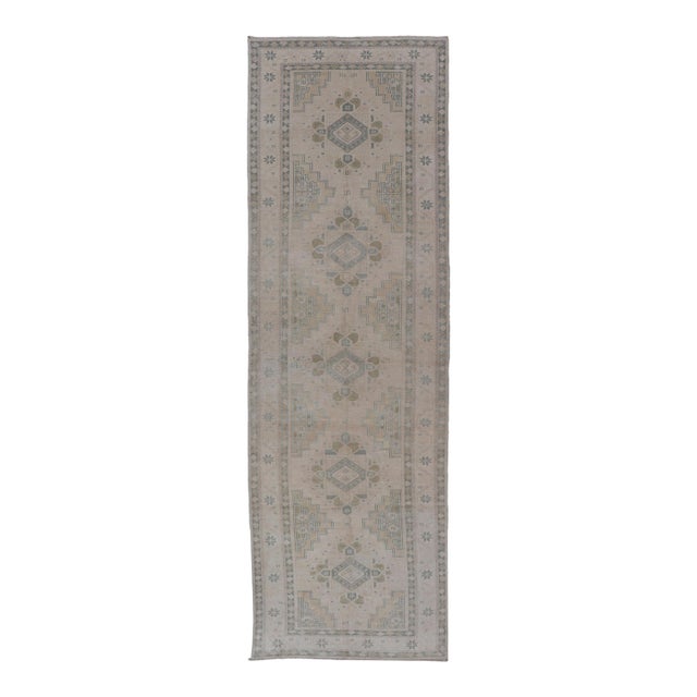 Vintage Turkish Oushak Runner in Neutral Tones, Taupe, Gray Green, Yellow 3'2 X 10'8 For Sale