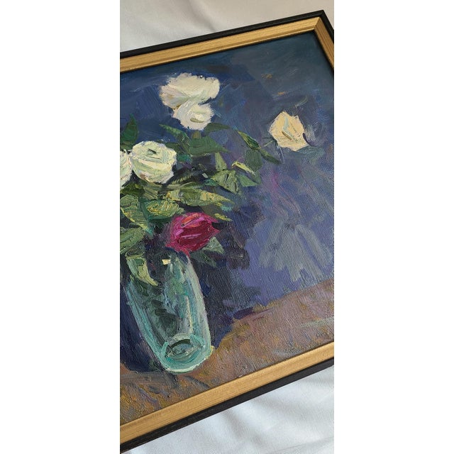 Cerulean 'Cut Roses' Original Framed Art on Canvas. For Sale - Image 8 of 12
