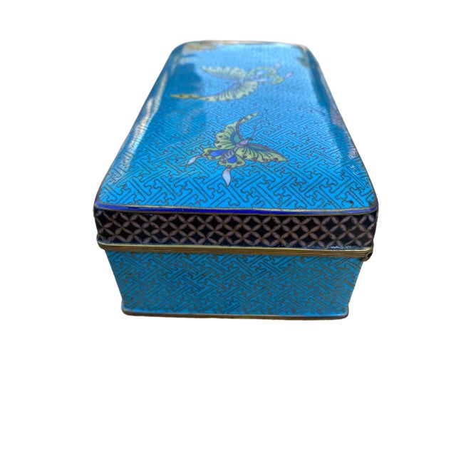 Turquoise Early 20th C. Chinese Cloisonné Enamel and Brass Box With Butterfly Motif For Sale - Image 8 of 9