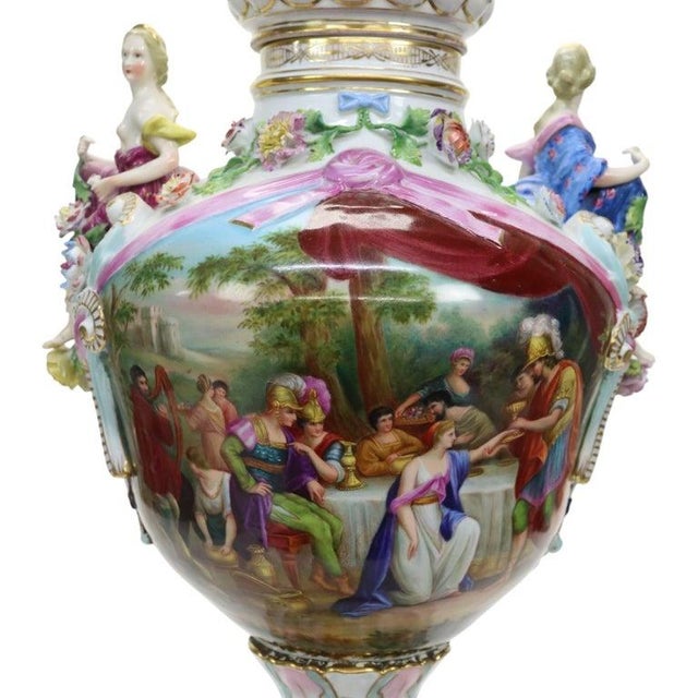 This exquisite antique Meissen porcelain lidded urn, dating to approximately 1880, is crafted in the opulent Louis XIV...