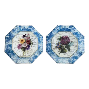 Marye-Kelley Signed Floral & Toile Découpage 8.75” Octagon Plates - Set of 2