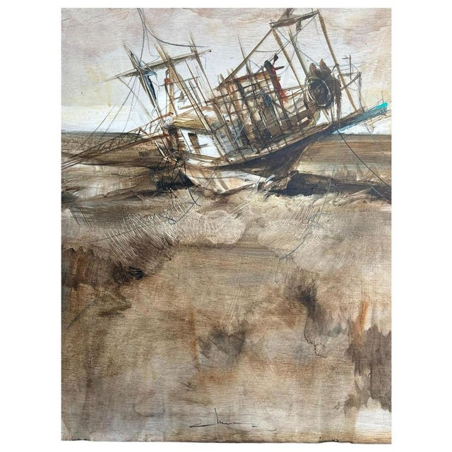 Abraham pinto (1976) - low tide oil on panel. 80 x 60 cm, signed. Beached ship. Abraham pinto (1976– ). Mixed media on...