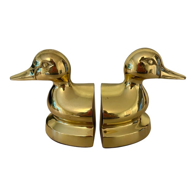 Vintage Solid Polished Brass Mallard Duck Bookends, a Pair For Sale