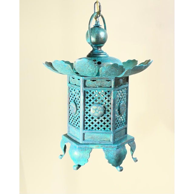 Vintage Japanese Patinated Brass Pagoda Temple Lantern / Pendent -17”x 12” For Sale - Image 10 of 17