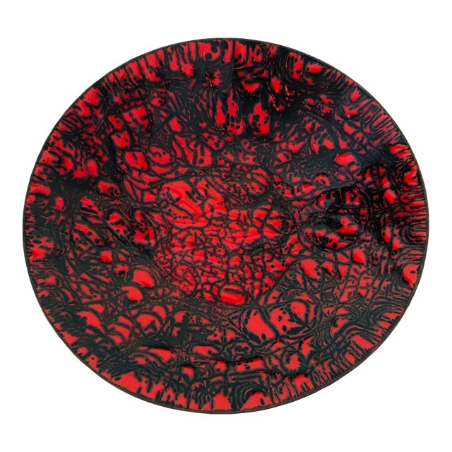 Midcentury Red & Black Enamel Decorative Dish / Plate For Sale