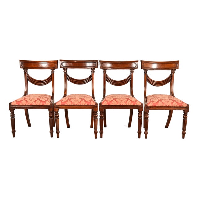 Baker Furniture Style English Regency Carved Mahogany Dining Chairs, Set of Four For Sale
