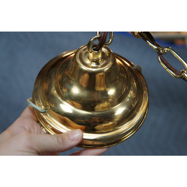 Brass Vintage Brass Milk Glass Schoolhouse Hanging Pendant Swag Light Chandelier For Sale - Image 8 of 12