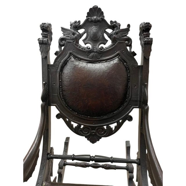 Antique Gothic Revival Carved Wood Rocking Chair Griffin Lion Figural Rocker 54" For Sale - Image 9 of 17