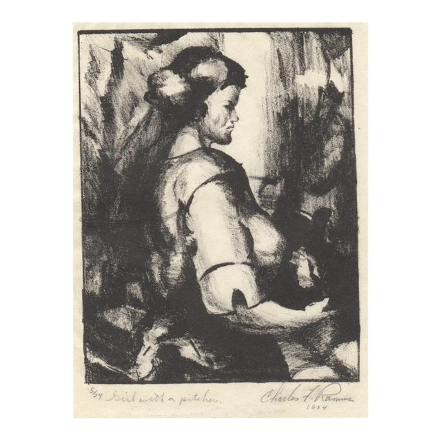 Charles F. Ramus 1924 Signed Lithograph "Girl With a Pitcher" LTD Ed 5/24 Rice Paper For Sale