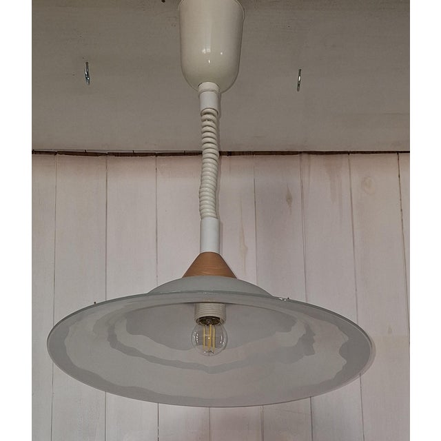 Vintage Height-Adjustable Pendant Lamp with Matte Patterned Glass Shade on Beechwood Mount from H & H, 1980s For Sale - Image 6 of 8