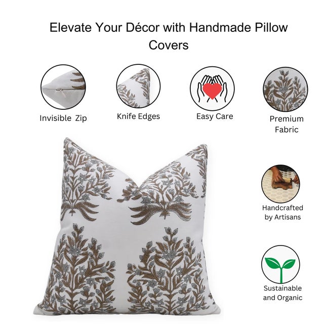 Fabdivine Traditional Block Print Pillow Cover 22x22 Inch Thick Cotton White- Vrindavan For Sale - Image 4 of 4