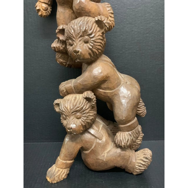 Figurative Vintage Carved Solid Wood Three Acrobatic Teddy Bear Sculpture For Sale - Image 3 of 11