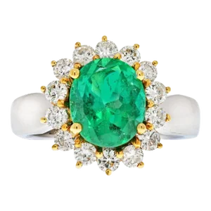 3 Carat Vivid Green Colombian Emerald and Diamond Halo Ring 18K White Gold, Size 7