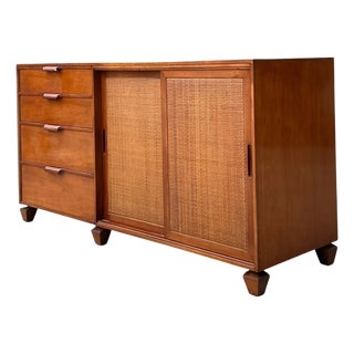Vintage Tomlinson Wood Credenza With Sliding Seagrass Doors For Sale