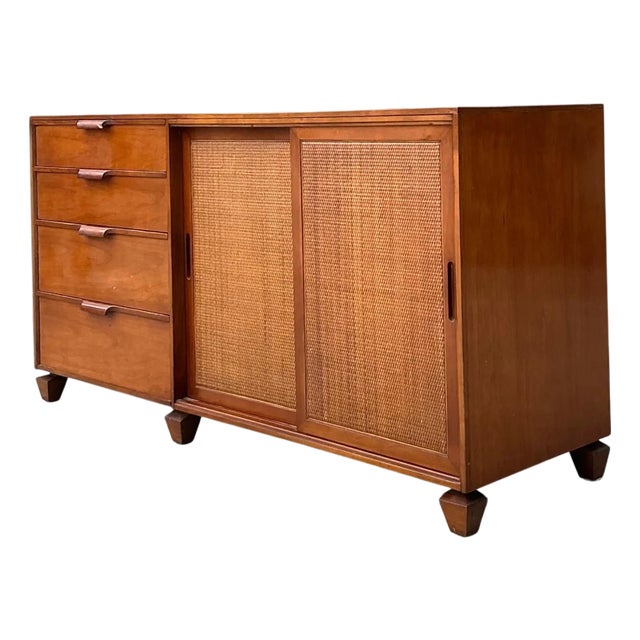 Vintage Tomlinson Wood Credenza With Sliding Seagrass Doors For Sale