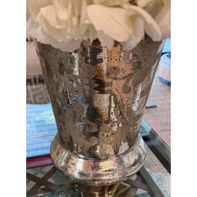 Pair of Vintage Mercury Glass Etched Vases With Faux Floral White Hydrangeas & Dogwood For Sale - Image 4 of 5
