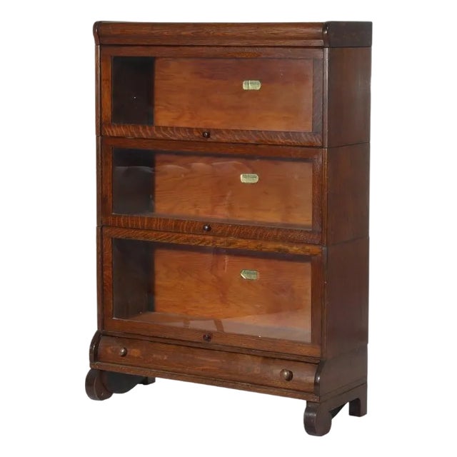 Arts & Crafts Lundstrom Oak 3-Stack Barrister Bookcase With Drawer C1910 For Sale