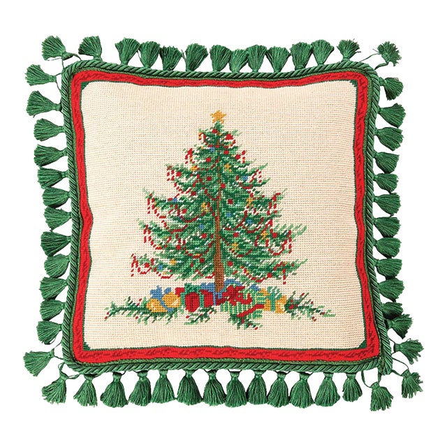 Classic Christmas Needlepoint Pillow with Tassels 16" x 16" For Sale
