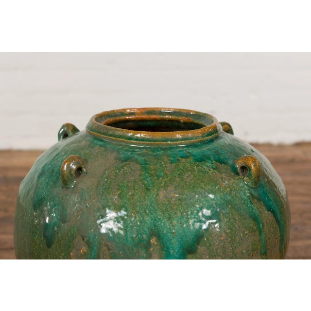 Green Antique Orange & Brown Jar with Green Drips For Sale - Image 8 of 12