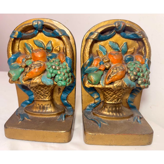 Large Pair Antique j.b. Hirsch Patinated Bronze Clad Fruit Baskets Bookends For Sale In New York - Image 6 of 12