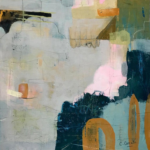 Layers of pale blue, deep teal and navy are softened by a blush cloud shape and warm ochre arches, evoking the blue-washed...