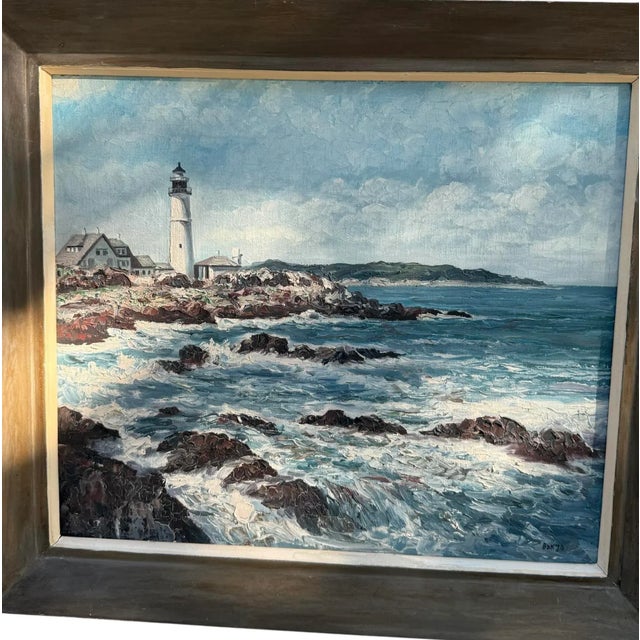 Vintage Framed Oil on Canvas Painting - Portland Head Lighthouse, Maine Rocky Coastline Seascape. Signed by Artist Bakjo....