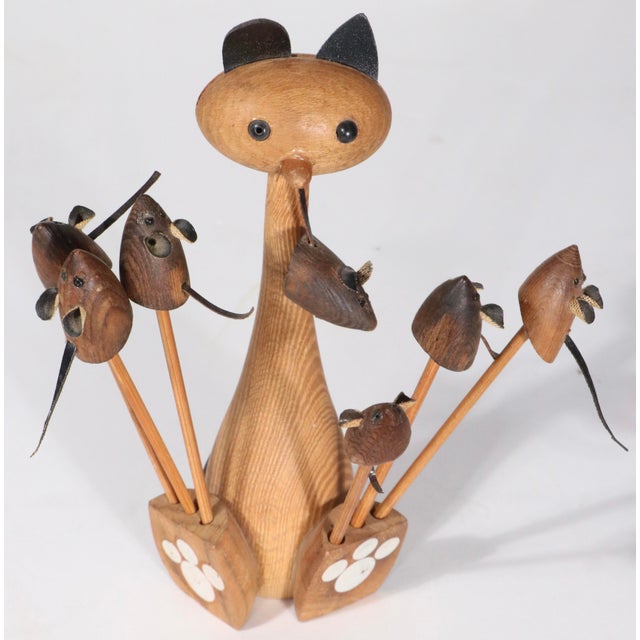 Mid-Century Modern Mid 20th Century Wood Cat and Mouse Cocktail Hor d'Oeuvres Set For Sale - Image 3 of 9