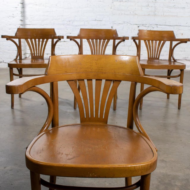 Late 19th Century Bauhaus Beech Bentwood Thonet Style Fan Back Captains Armchairs Set of 4 For Sale - Image 12 of 18