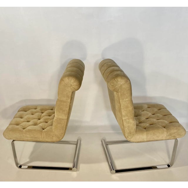 1970’s Karl Springer Style Suede & Chrome Tufted Cantilever Chairs- A Pair For Sale - Image 11 of 12