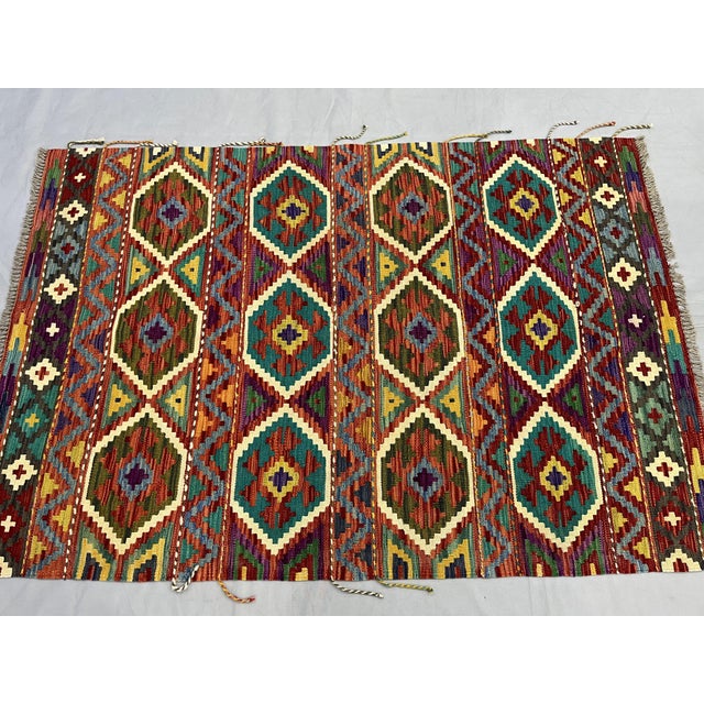 Art Deco 4' X 5'10" Afghan Chobi Khorjin Geometric Wool Kilim Rug For Sale - Image 3 of 17