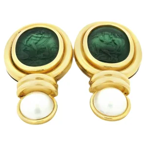 Italian 18K Yellow Gold Venetian Glass Intaglio & Pearl Clip-On Earrings