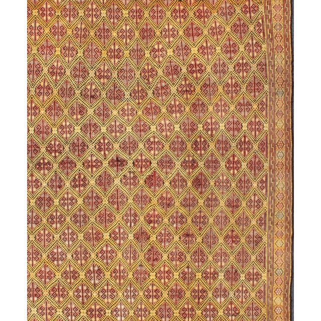 Tribal Mid 20th Century Mid 20th Century Vintage Turkish Embroidered Kilim Rug With Diamond Design in Yellow and Red For Sale - Image 3 of 13
