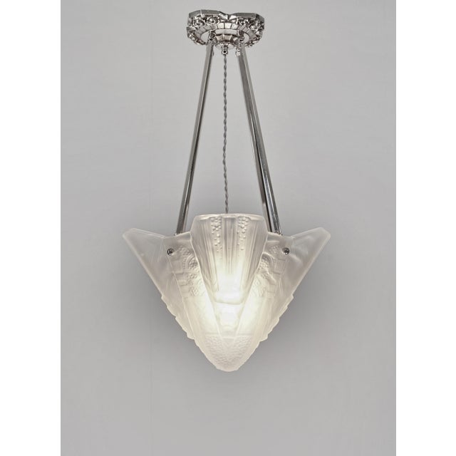 Muller Frères Muller Freres French Art Deco Pendant Chandelier Circa 1930 - Frosted Glass & Nickeled Bronze For Sale - Image 4 of 14