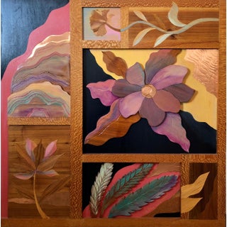 Helen Weber, 1970s Large Wood, Copper Inlay Sculpture Wall Relief Tropical Flowers Motif, c.1970s For Sale