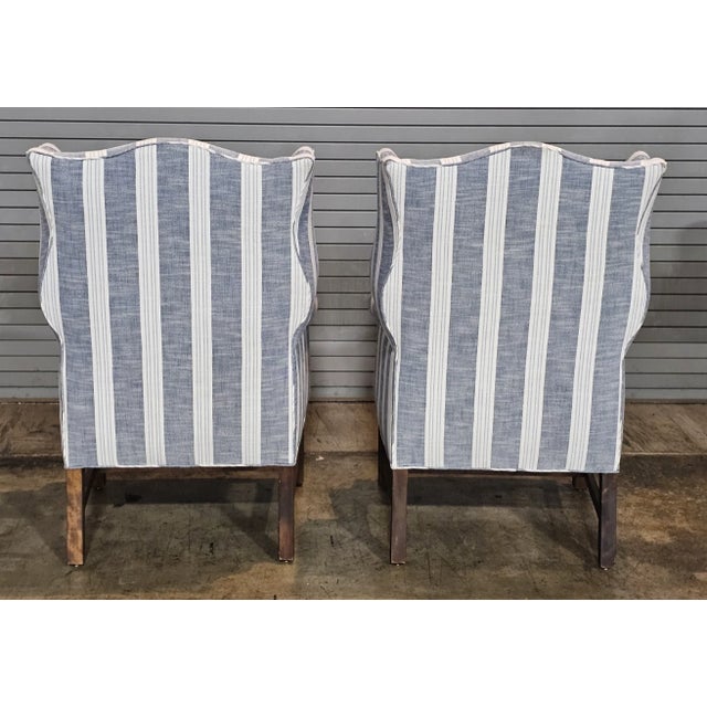 Wood Late 20th Century Pair Mahogany Chippendale Style Wing Chairs W Matching Footstools Gray Fabric For Sale - Image 7 of 8