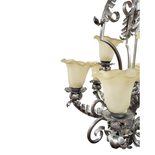 Mid 20th Century Mid 20th Century French Art Deco 9-Light Hand-Forged Wrought Iron Acanthus Chandelier For Sale - Image 5 of 18