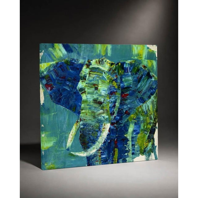 Abstract Late 20th Century Blue Teal Textured Elephant Oil Painting For Sale - Image 3 of 4