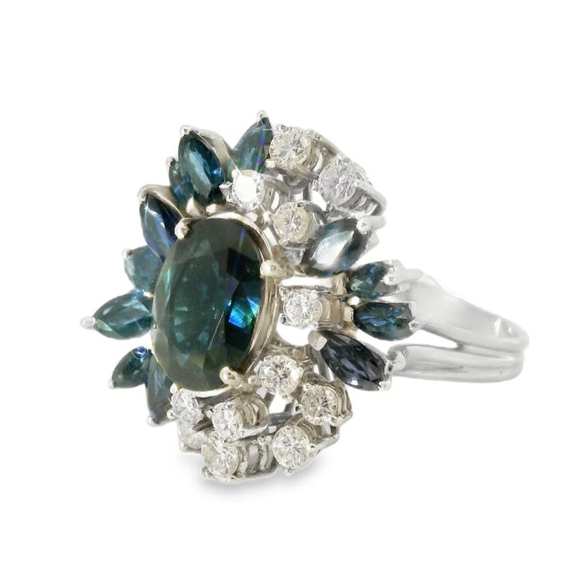 18K White Gold Sapphire & Diamond Statement Ring Elegant 18K White Gold Sapphire & Diamond Statement Ring featuring a...
