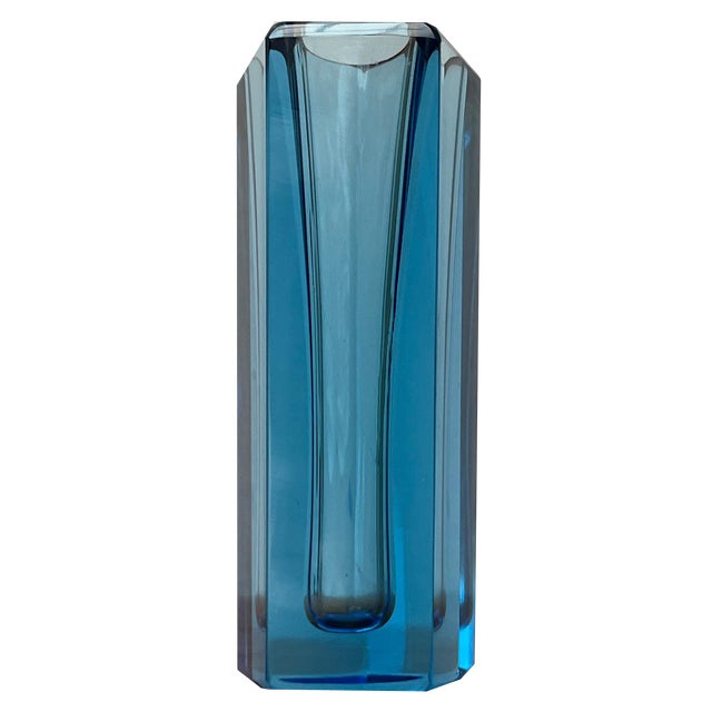 Vintage Blue Art Glass Block Vase, 1970s For Sale