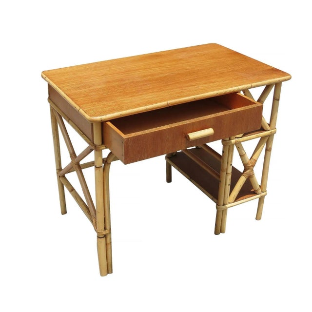 Mid-Century Modern 1950s Restored Rattan and Mahogany Writing Desk with Side Shelf For Sale - Image 3 of 9