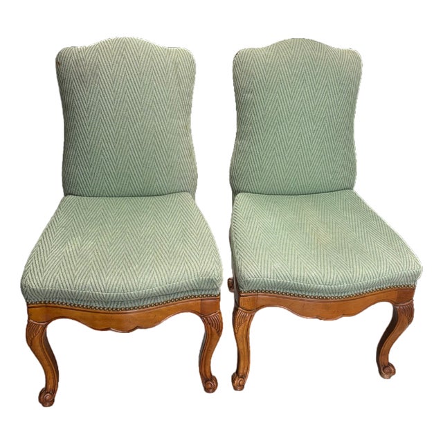 Baker Furniture Pair of French Style Green Chairs For Sale