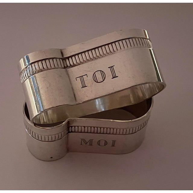 1930s pair of silverplate Art Deco napkins rings engraved me and you in French. Marked with French marks on the back. 2.5...