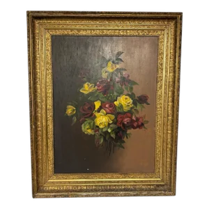 Antique Gilt Framed Floral Still Life Oil Painting on Canvas