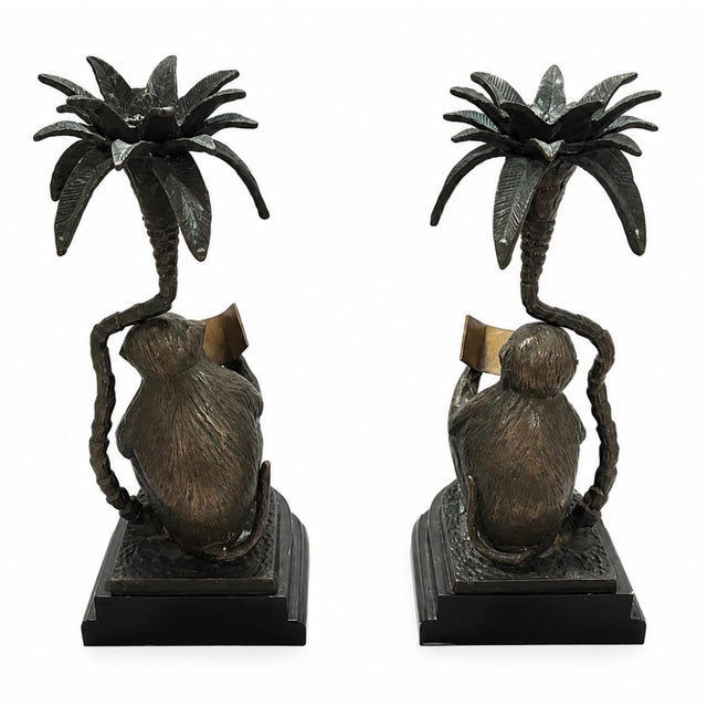 Hollywood Regency Pair of Vintage Cast Metal "Reading Monkey" Palm Tree Candlesticks For Sale - Image 3 of 12