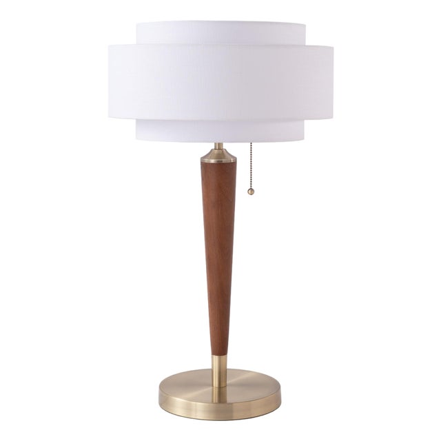 Pasadena Table Lamp 27" H - Dark Walnut Wood, White Linen Drum Shade, Dimmable, Bulb Included For Sale