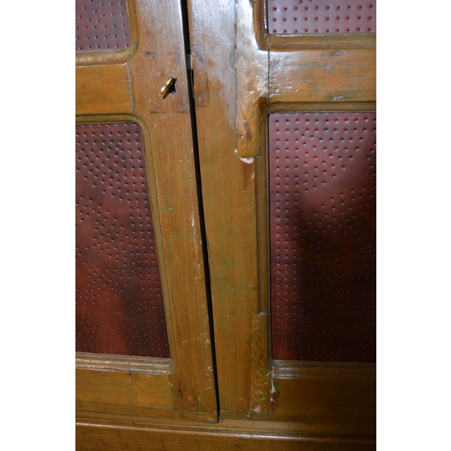 Wood Vintage Wood & Brick Red Punched Tin Pie Safe Cabinet W/ Shelves & Lower Drawer For Sale - Image 7 of 18